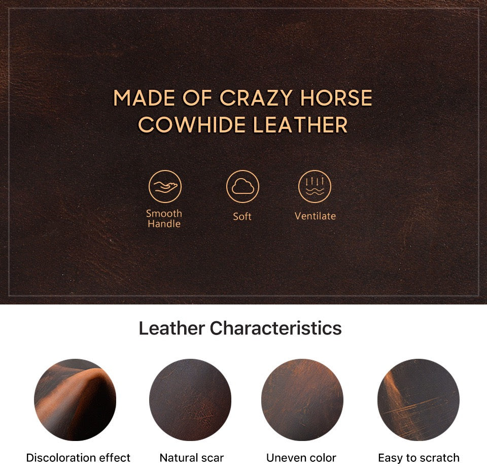 Cowhide leather characteristics with text and icons on a brown leather background