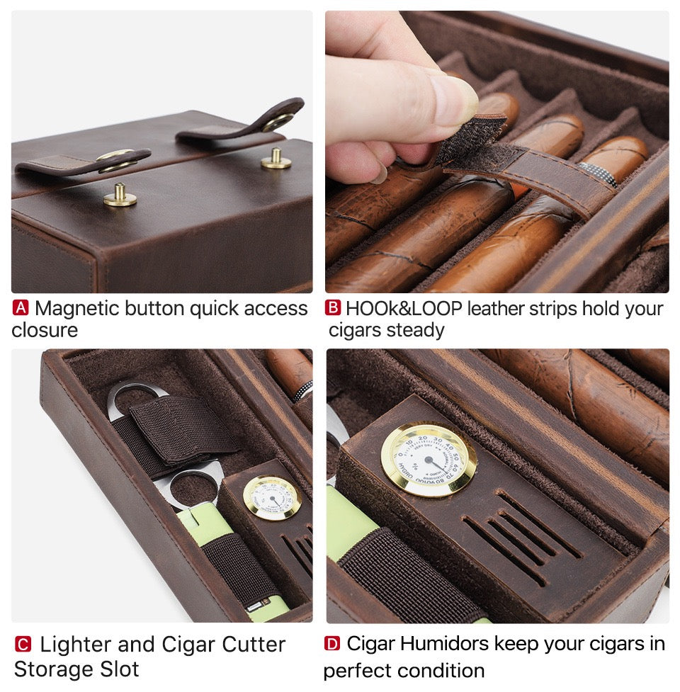 Cigar humidor with features highlighted, including magnetic button, hook & loop strips, lighter storage, and humidifier.
