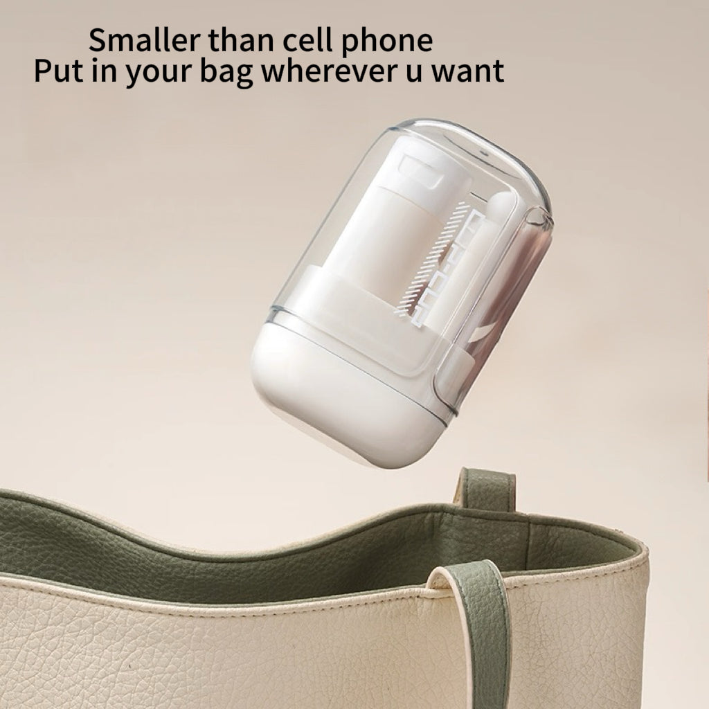 Small electronic device being placed into a handbag with text indicating it is smaller than a cell phone.