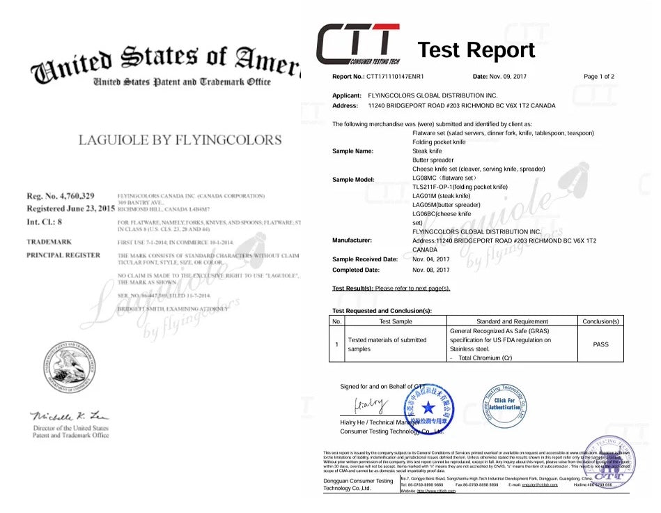 Test report from the United States Patent and Trademark Office for 'Laguiole by FlyingColors'.