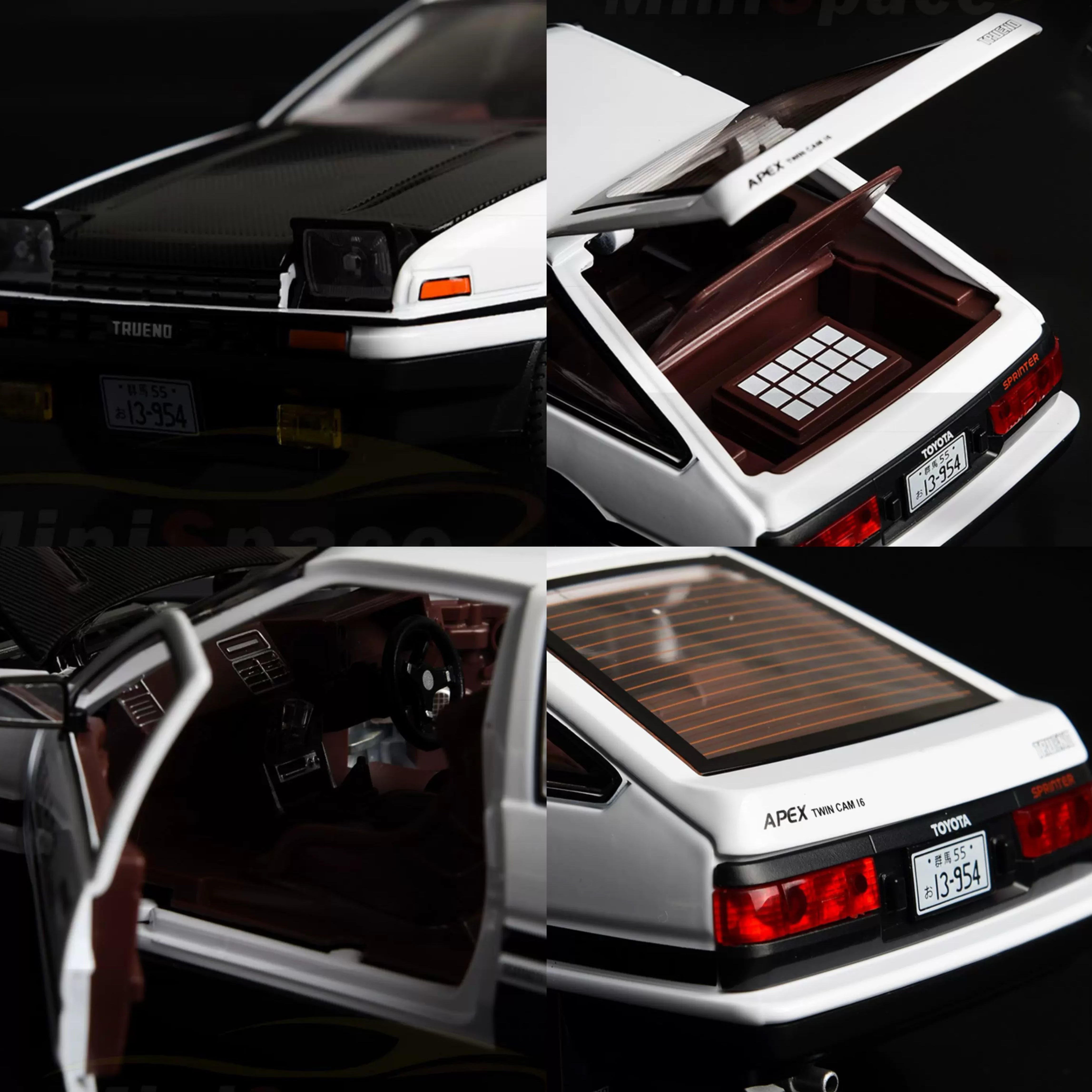 Collage of a Toyota Apex model car with open doors and trunk on a black background