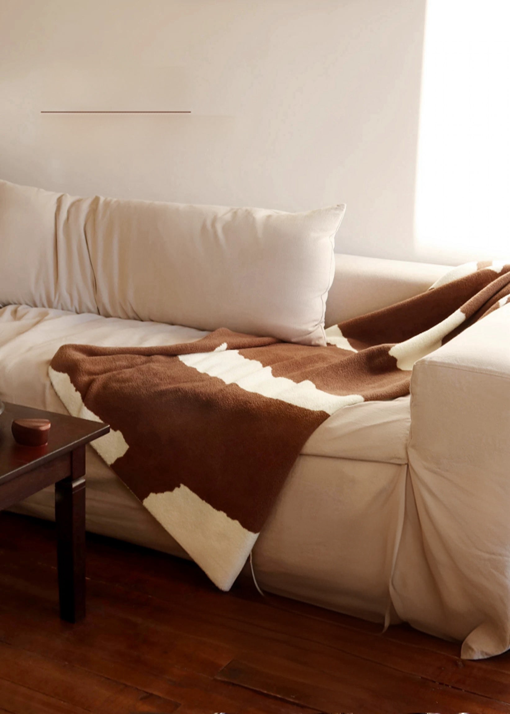 White sofa with brown and white patterned throw blanket in a living room setting.