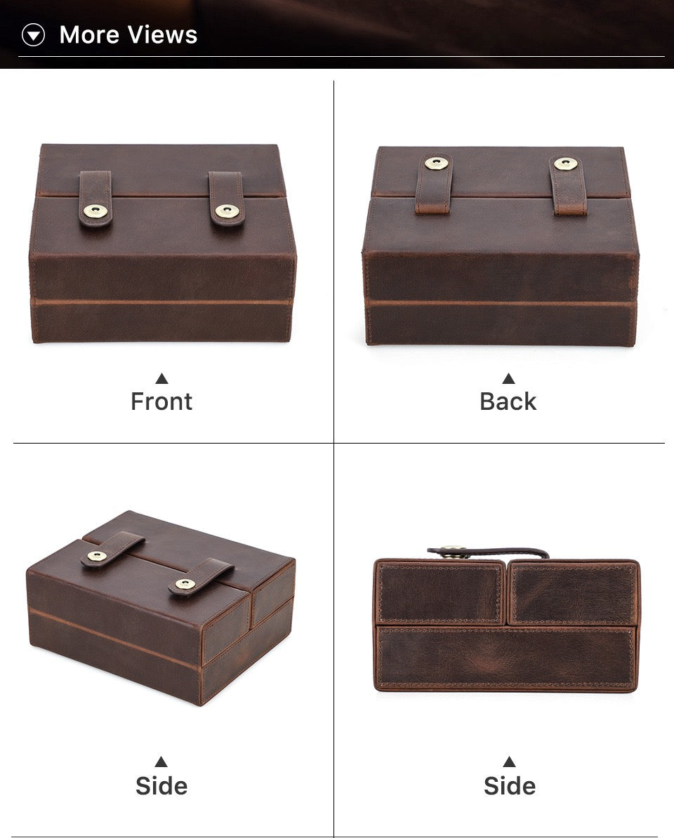 Brown leather jewelry box shown from front, back, side, and top views.