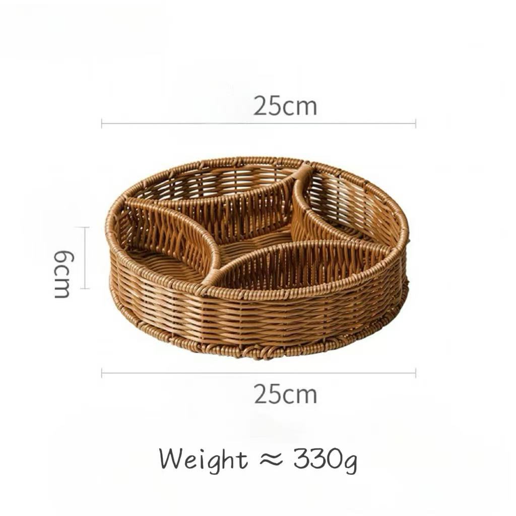 Wicker bread basket with dimensions and weight on a white background