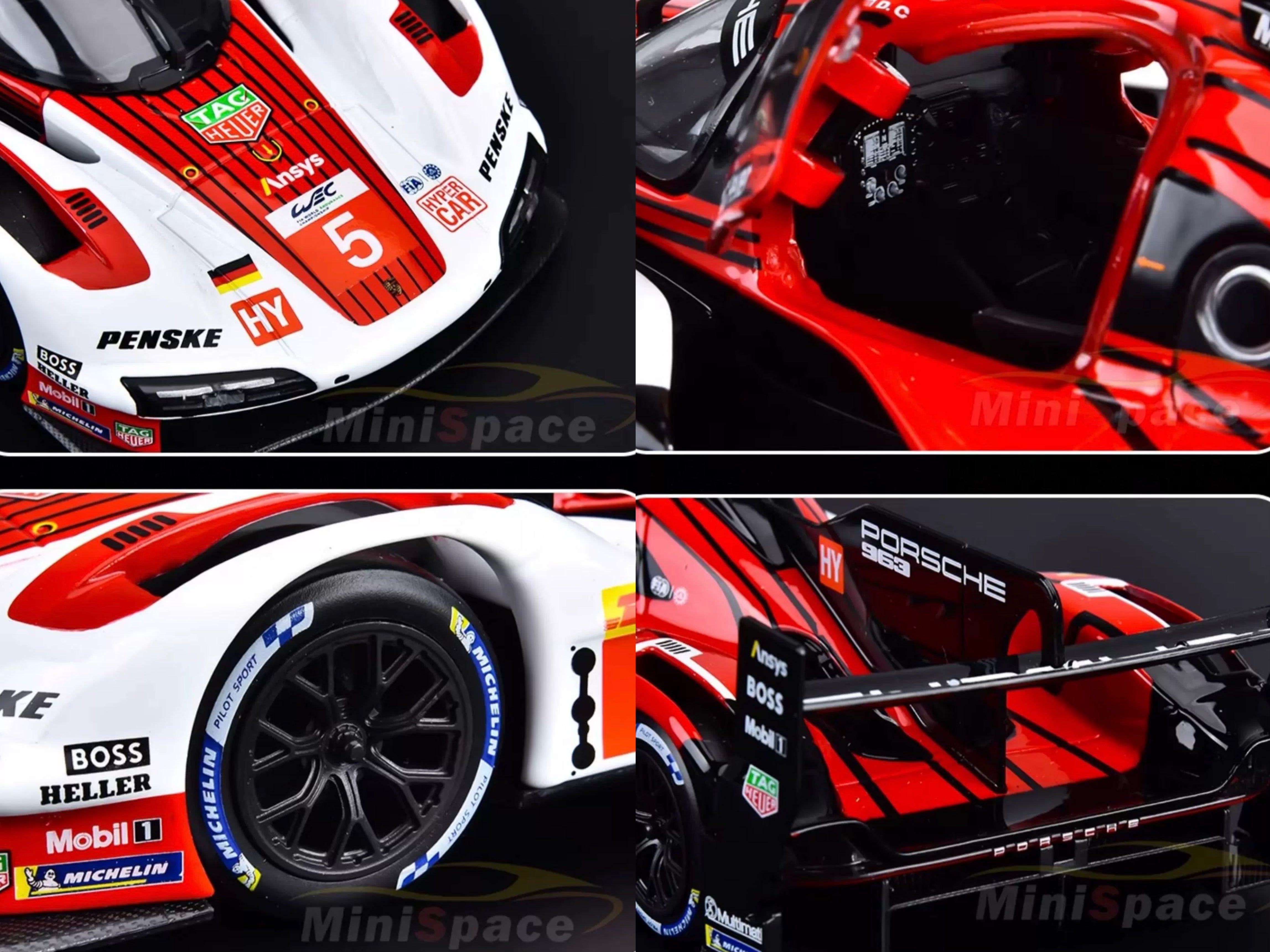 Collage of a red and white racing car with various close-up details.