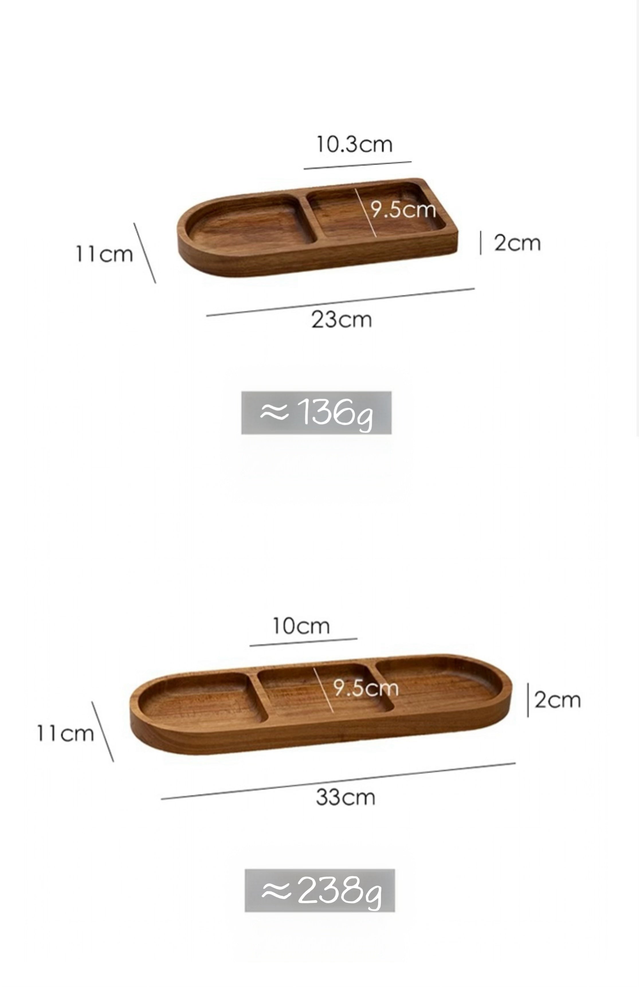 Wooden tray with dimensions and weight on a white background