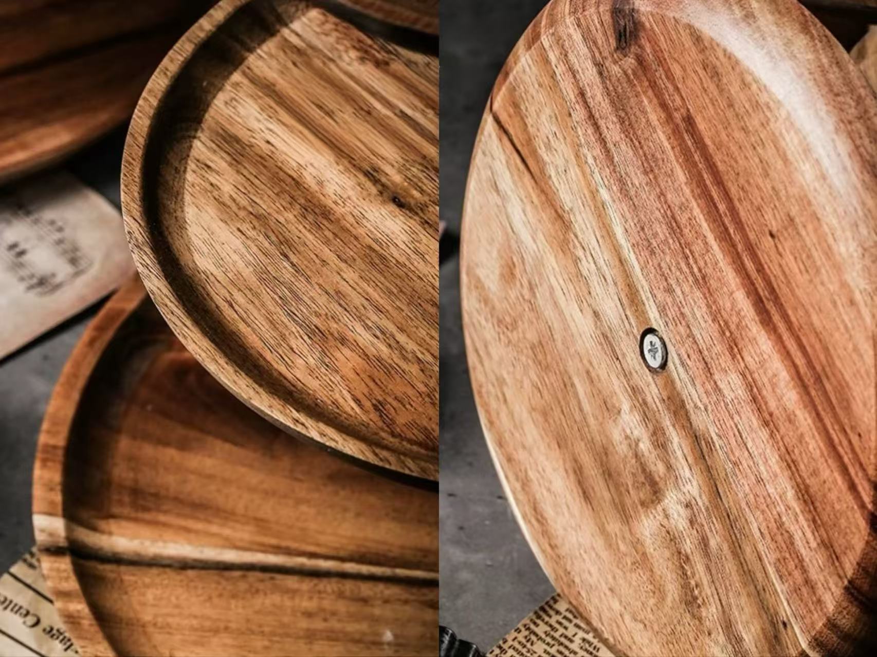 Close-up of wooden trays with a focus on texture and grain.