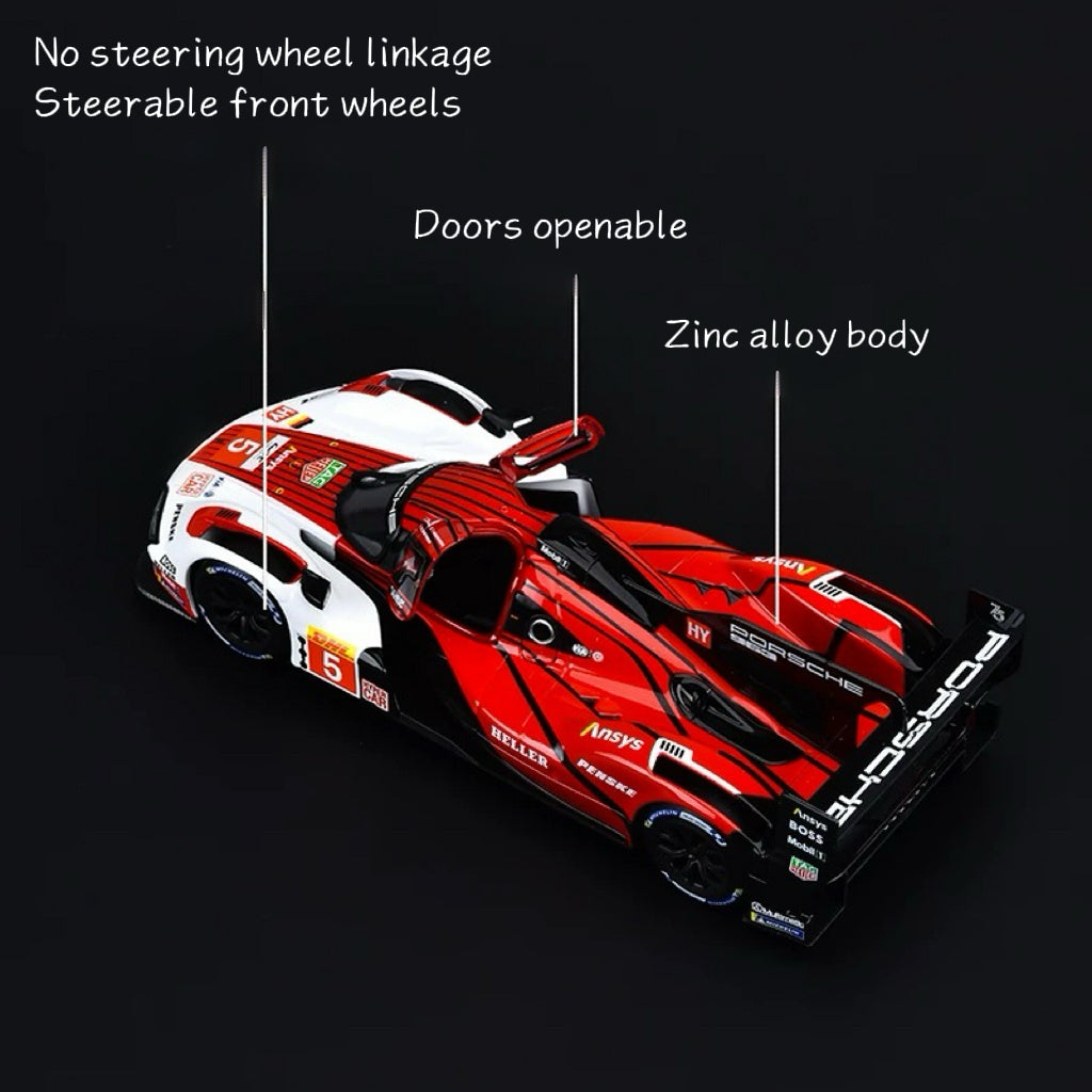 Red and white sports car model with features labeled on a black background