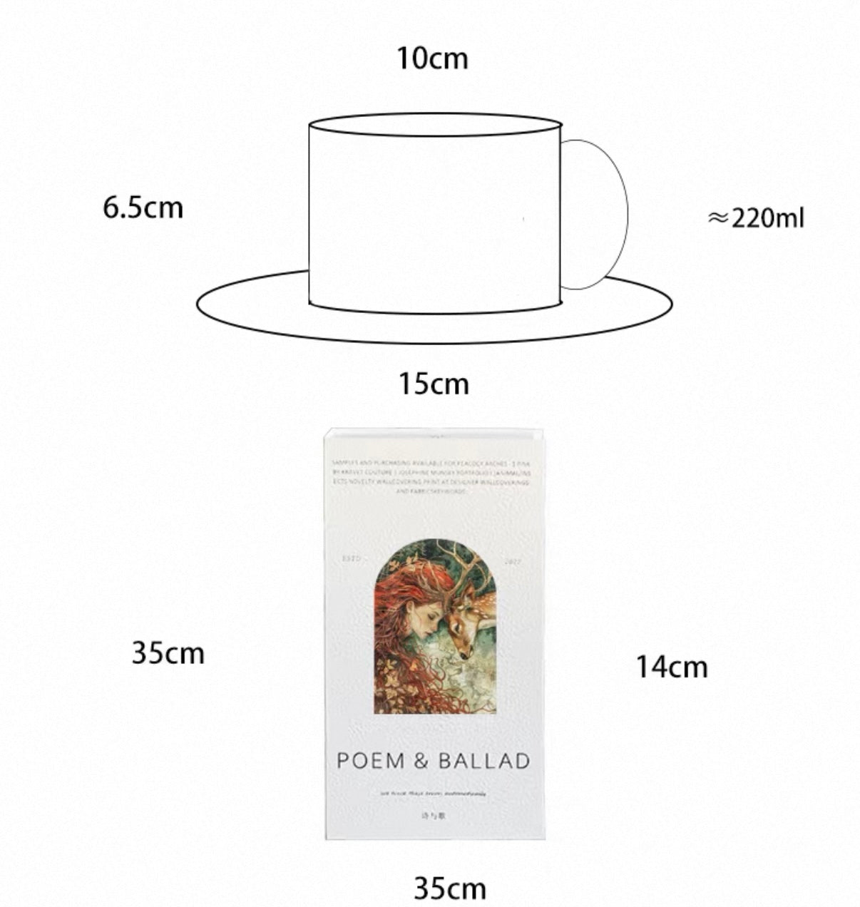 Measurement chart showing a cup, saucer, and tea bag packaging with dimensions.