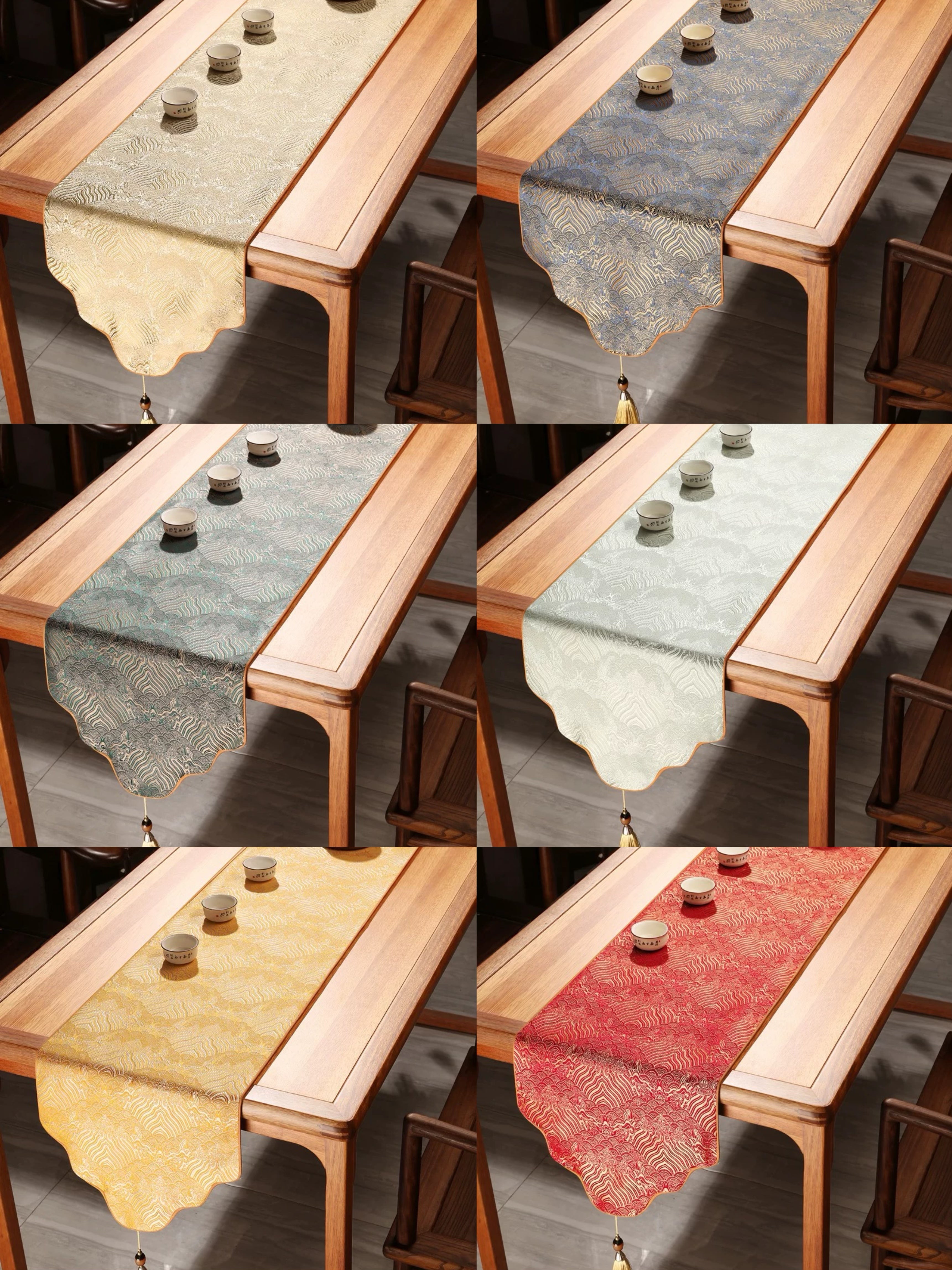 Collage of wooden tables with different colored table runners.
