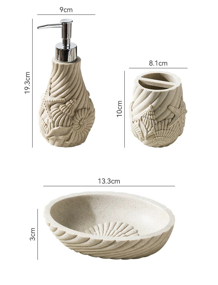 Beige ceramic bathroom set with dimensions labeled on a white background