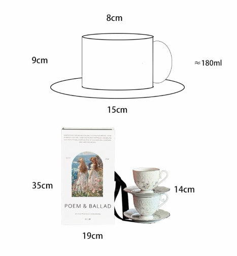 Measurement chart of a ceramic cup and saucer with dimensions and capacity details.