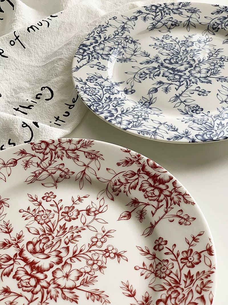 Red and blue floral ceramic plates – Elegant French vintage design