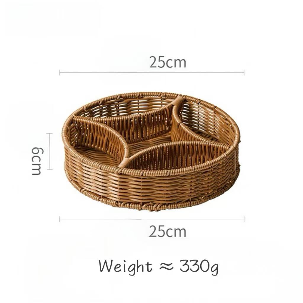 Woven basket with dimensions and weight information on a white background