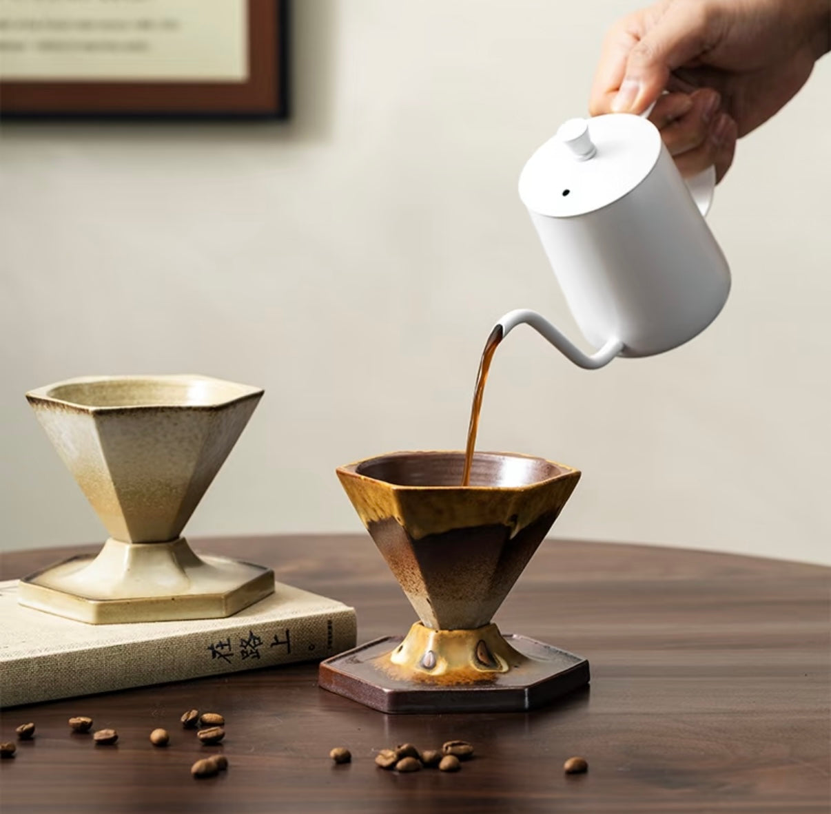pouring coffee into ceramic hexagonal mug – handcrafted rustic stoneware coffeeware set
