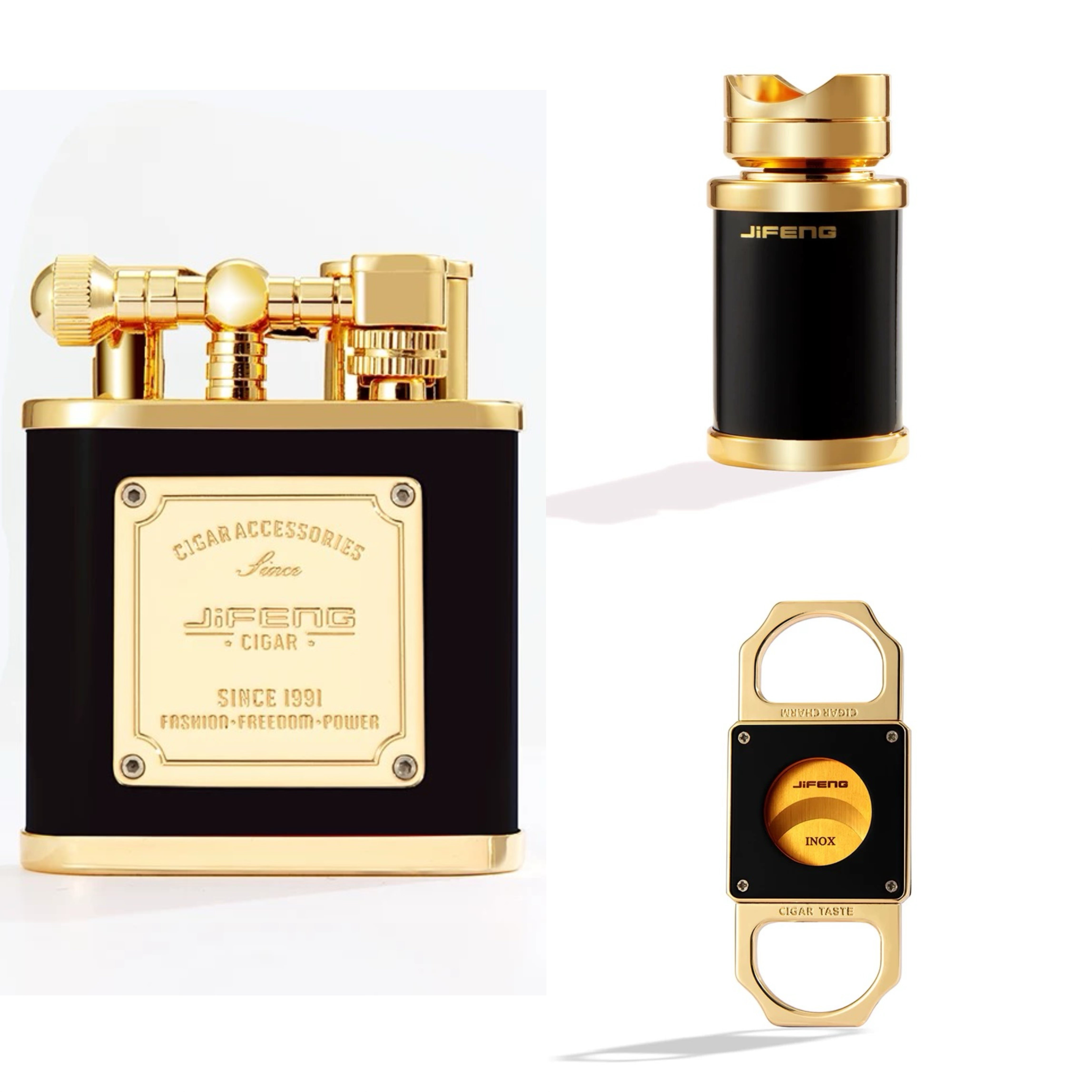 Set of Jifeng cigar accessories including a lighter and cutter on a white background