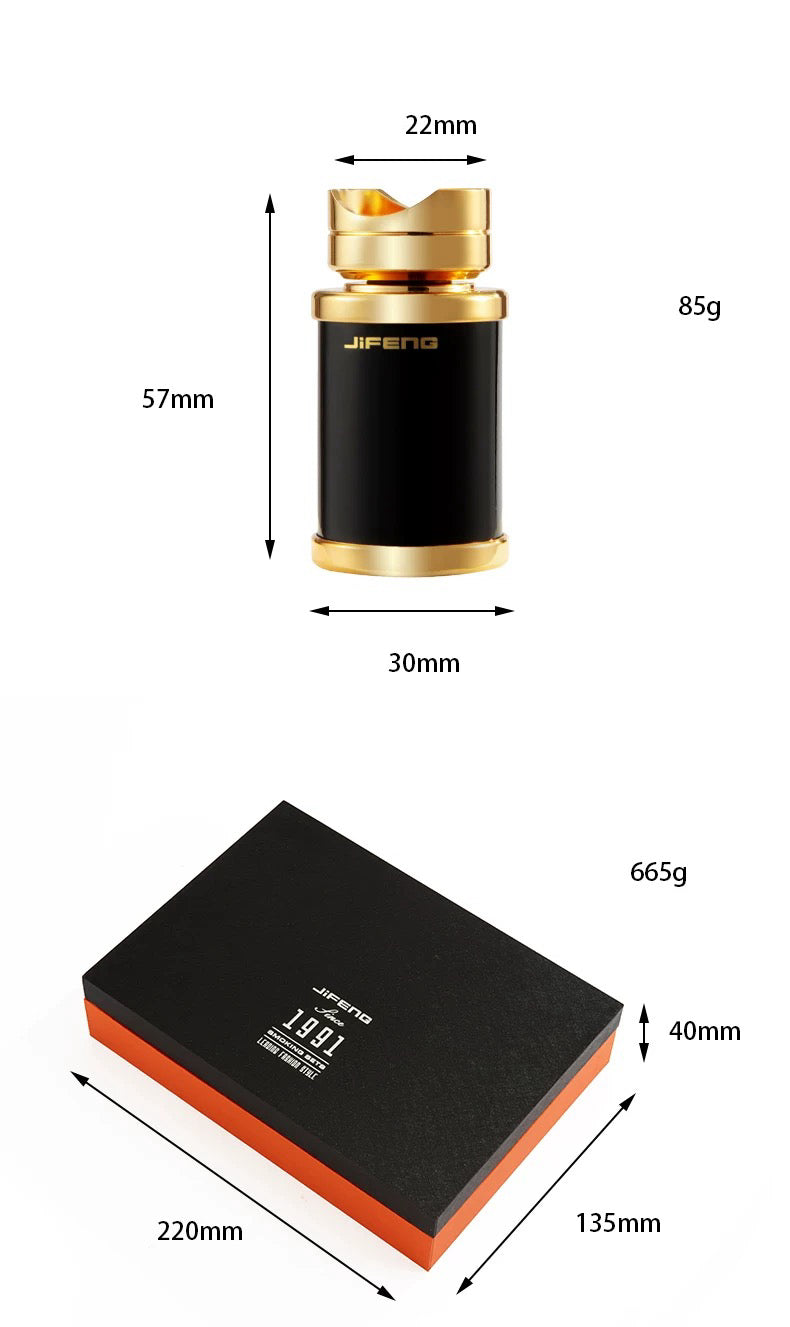 Measurement chart of a black and gold cylindrical product with dimensions and weight details.