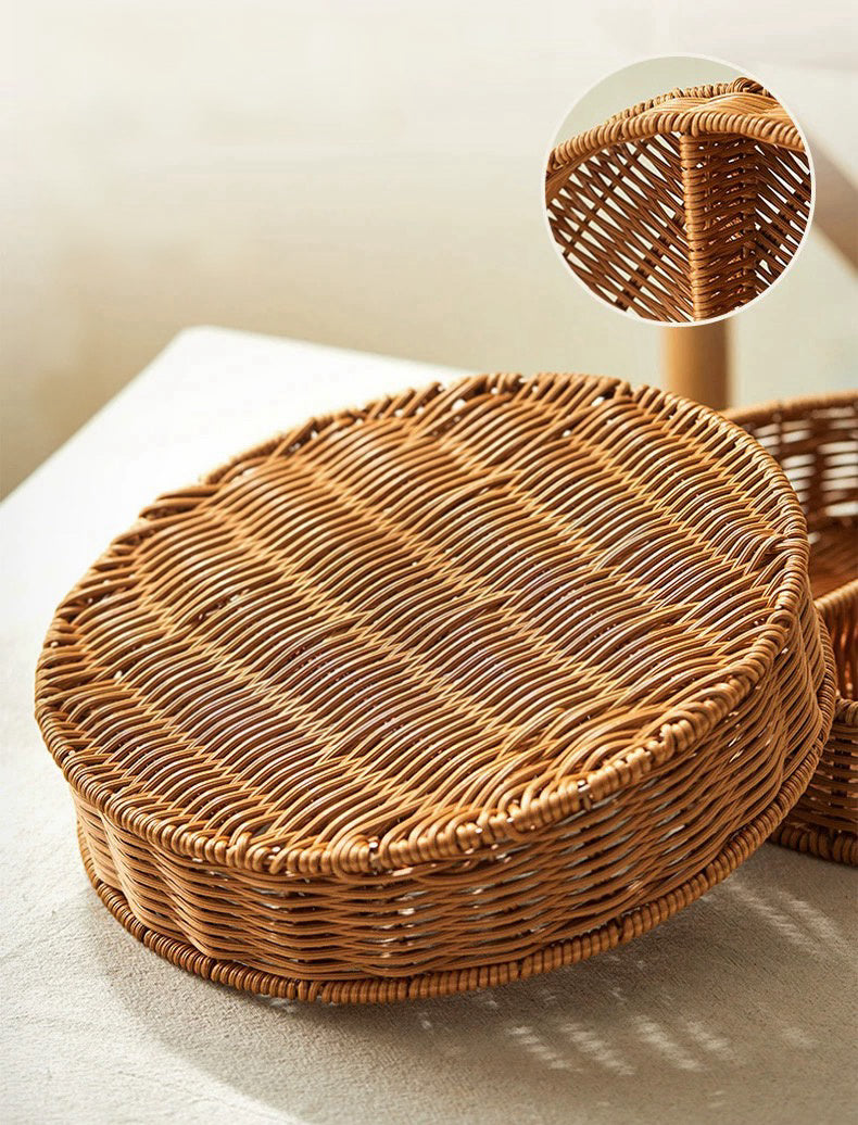 Woven basket with a lid on a light surface