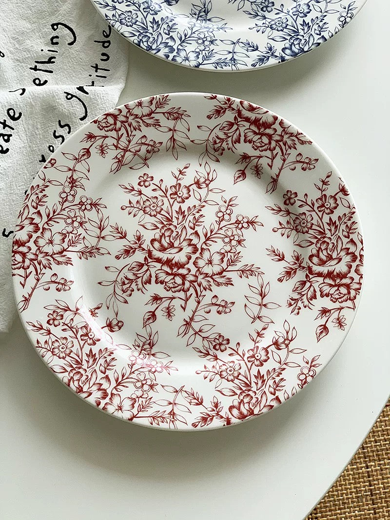 French vintage style ceramic dinner plates – Red and blue floral pattern