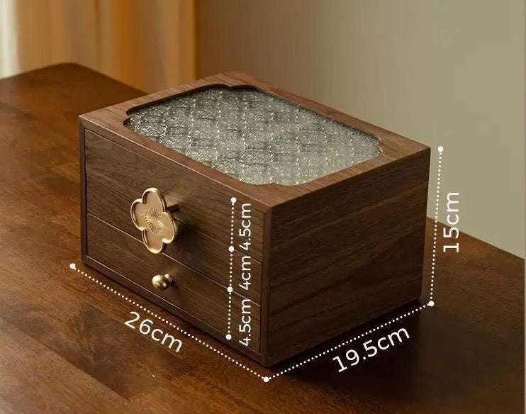 Wooden jewelry box with dimensions on a wooden surface