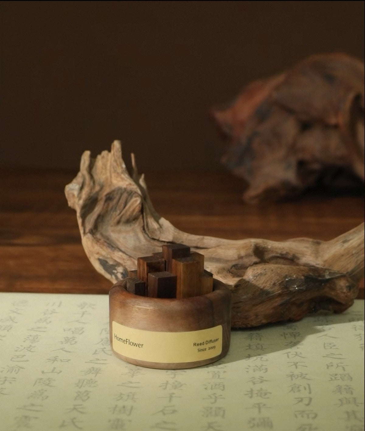 Wooden product with a label on a textured surface