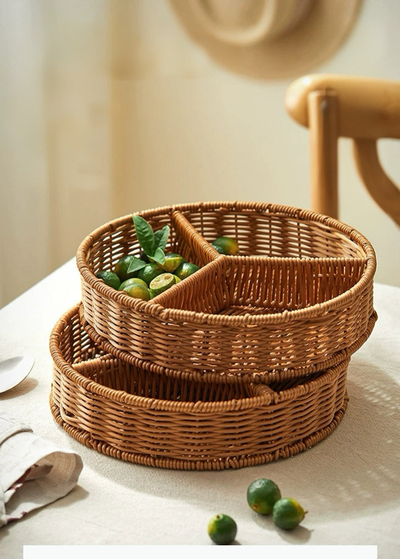 Wicker fruit basket with two compartments on a light surface