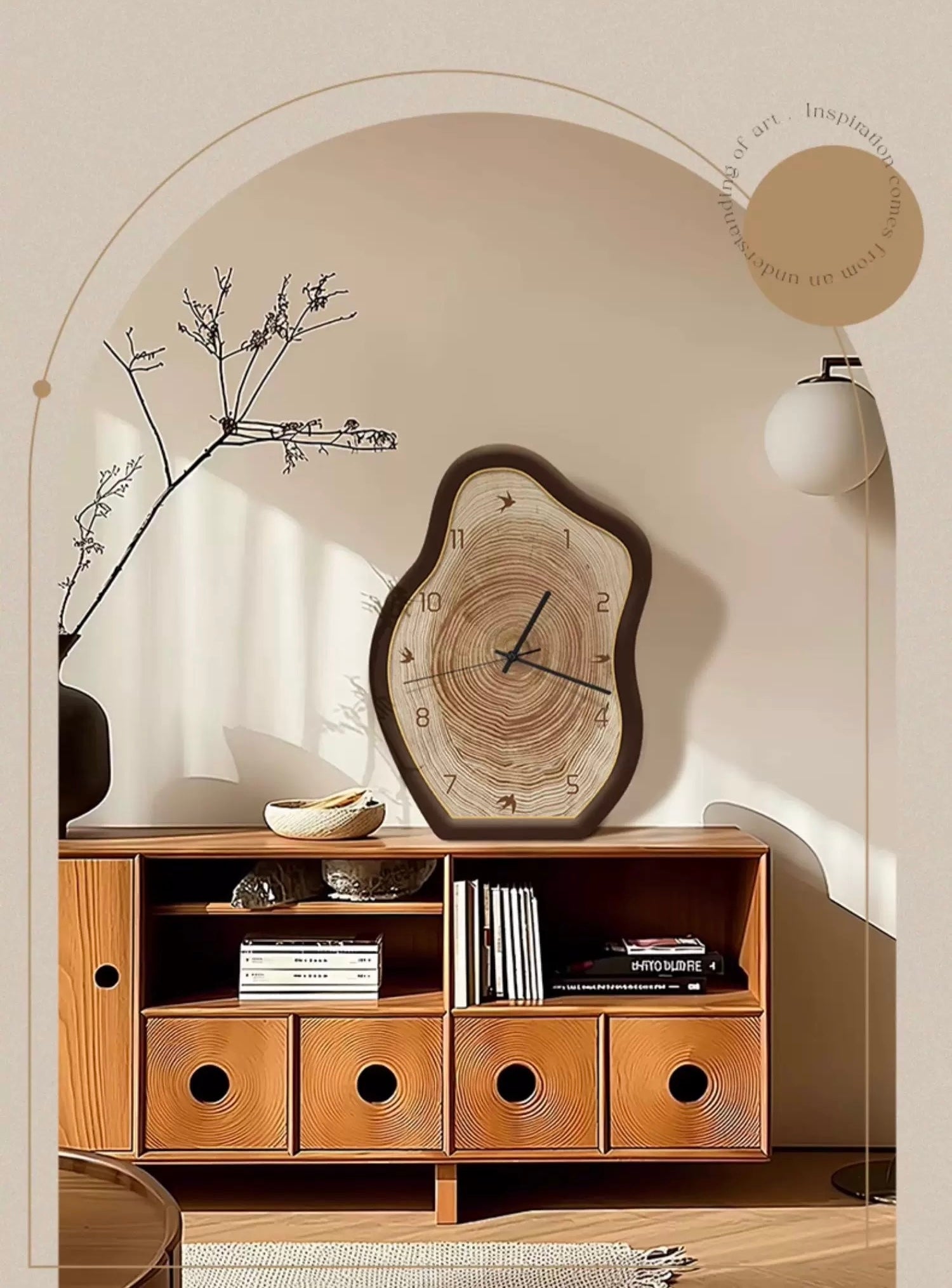 Wooden cabinet with a decorative clock on a neutral wall