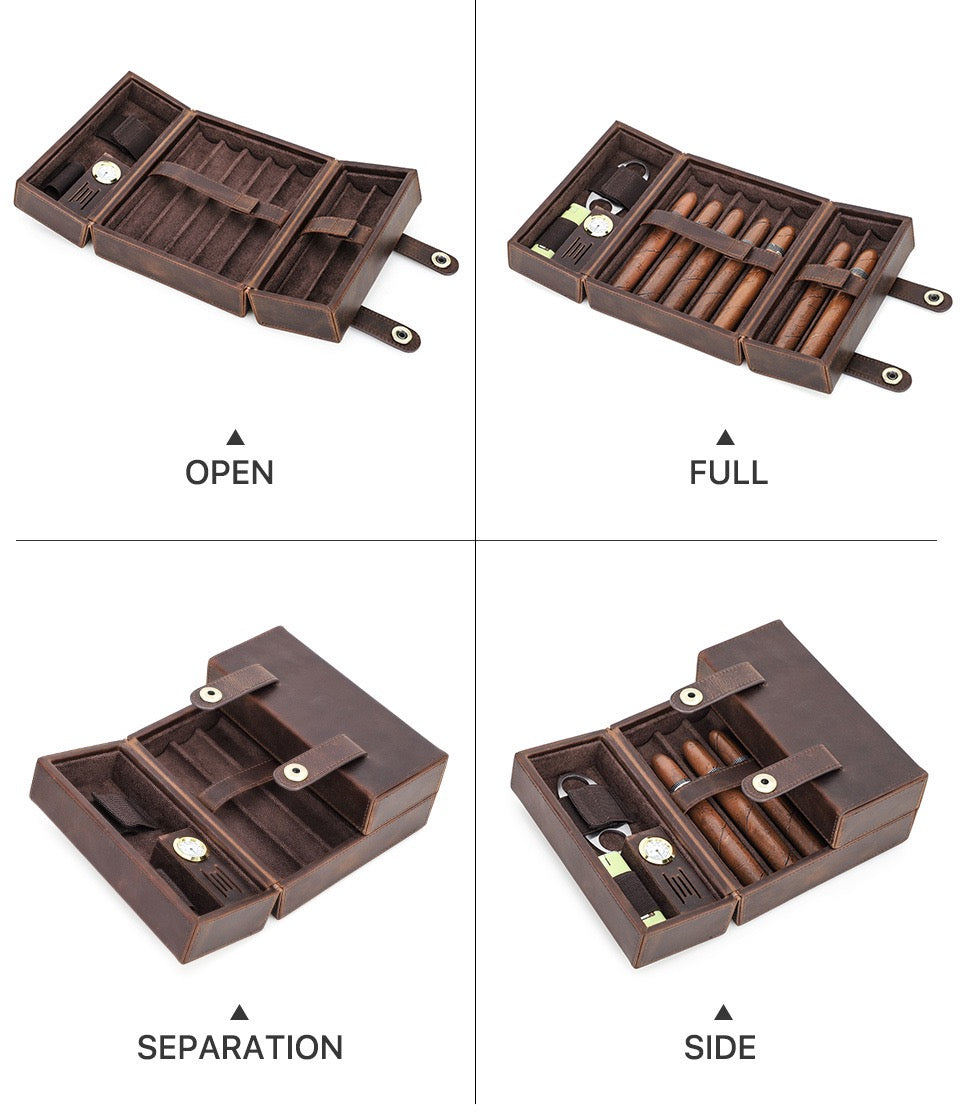 Brown wooden jewelry box with compartments shown in open, full, separation, and side views.