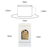 Measurement chart of a teacup and saucer with dimensions and capacity, alongside a 'POEM & BALLAD' product packaging.