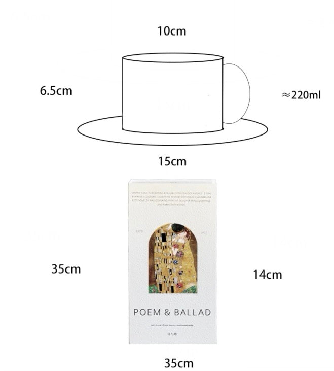 Measurement chart of a teacup and saucer with dimensions and capacity, alongside a 'POEM & BALLAD' product packaging.