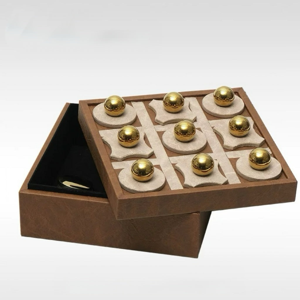 Wooden board game with gold pieces on a white background