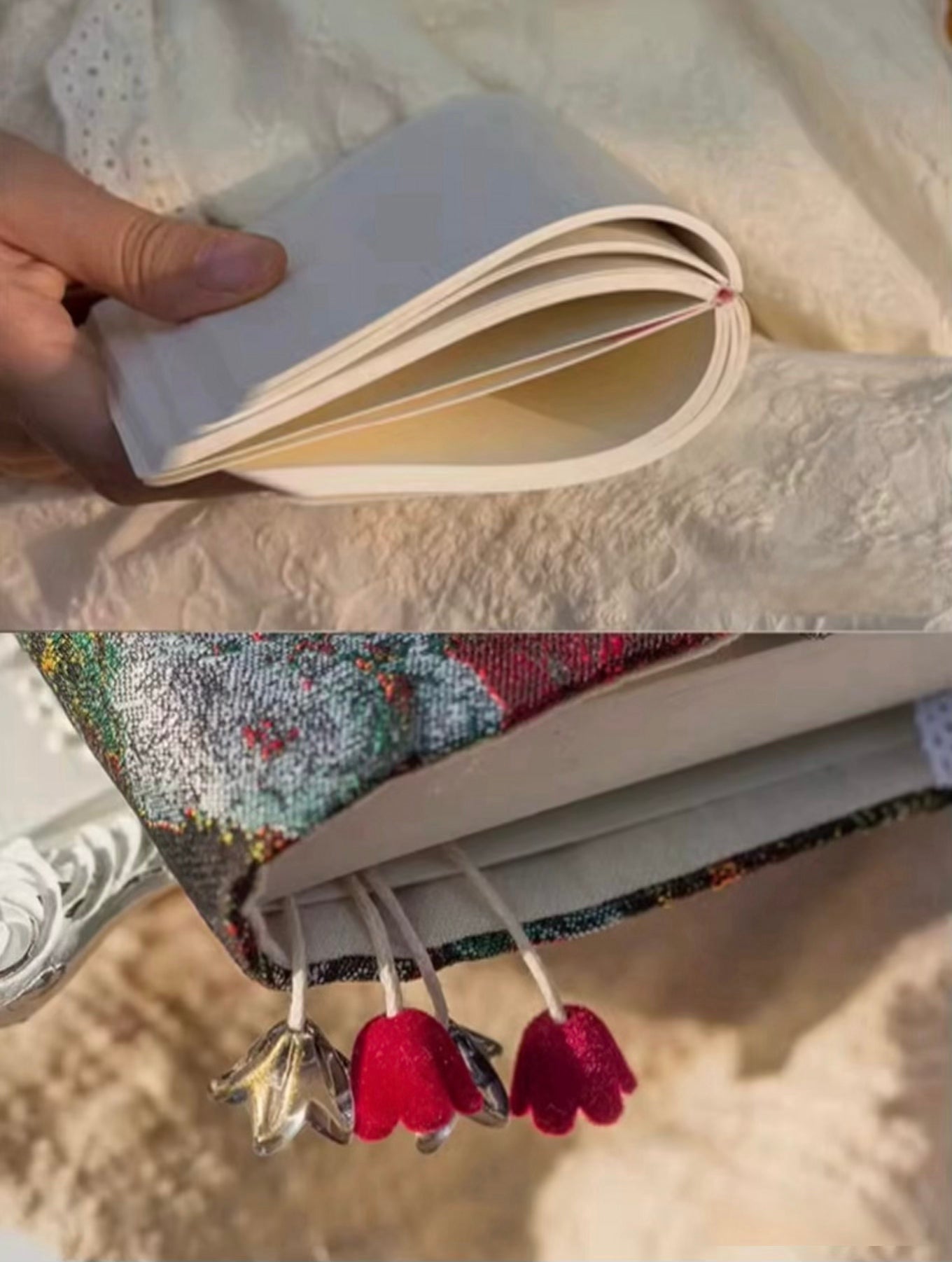 Open notebook with a hand holding it, followed by a close-up of decorative earrings.
