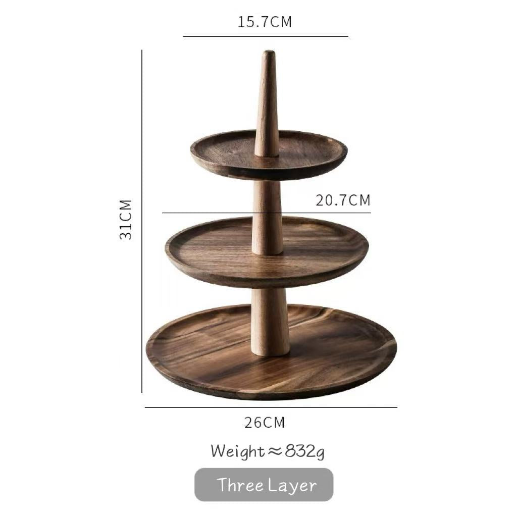 Three-layer wooden tiered stand with dimensions and weight information on a white background