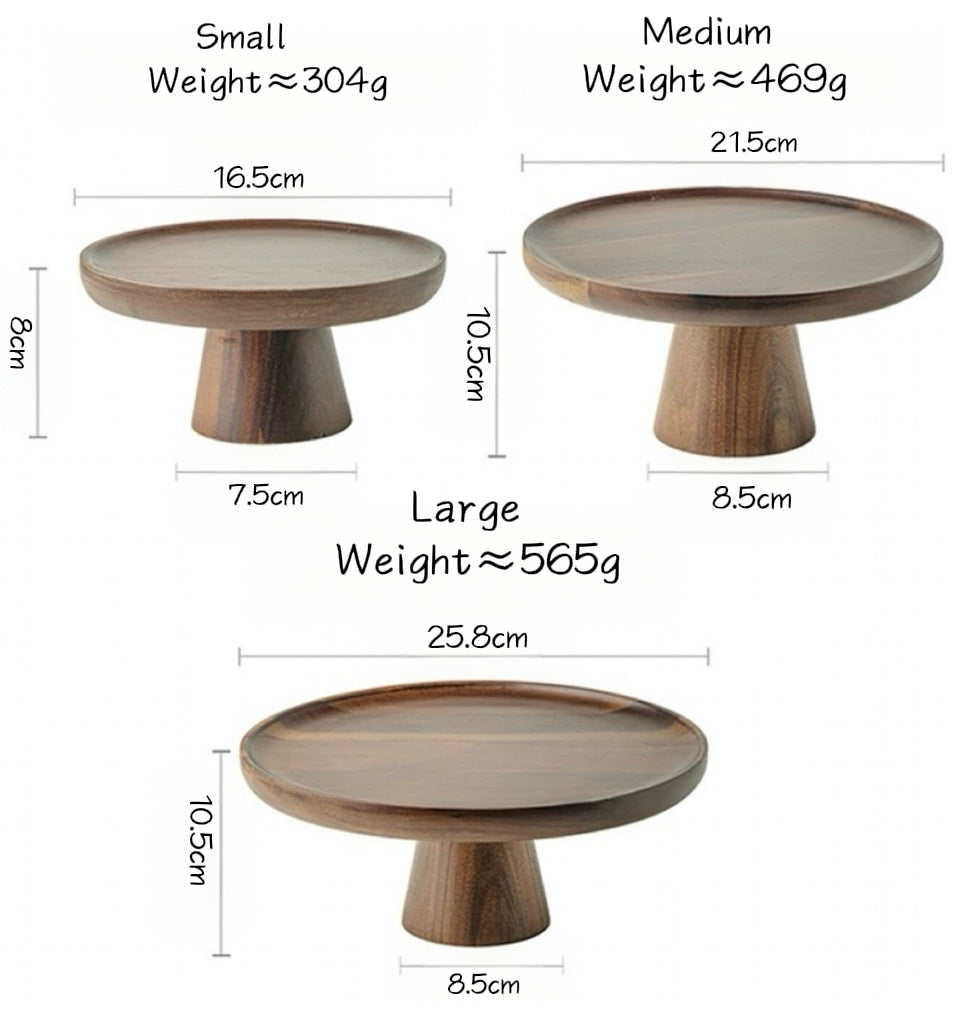 Three wooden cake stands with measurements and weights on a white background