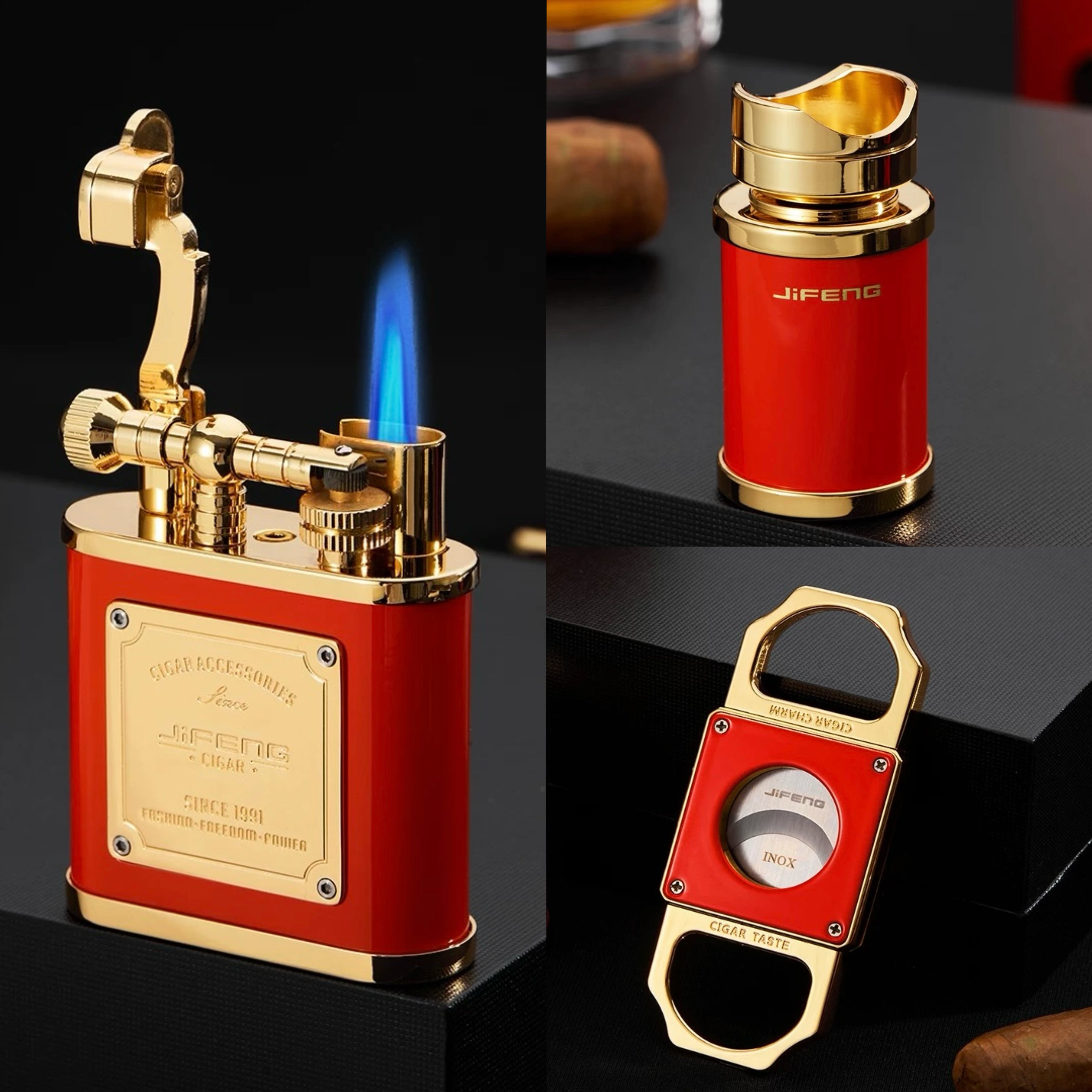 Red and gold lighter with Jifeng branding, close-up on flame and product details.