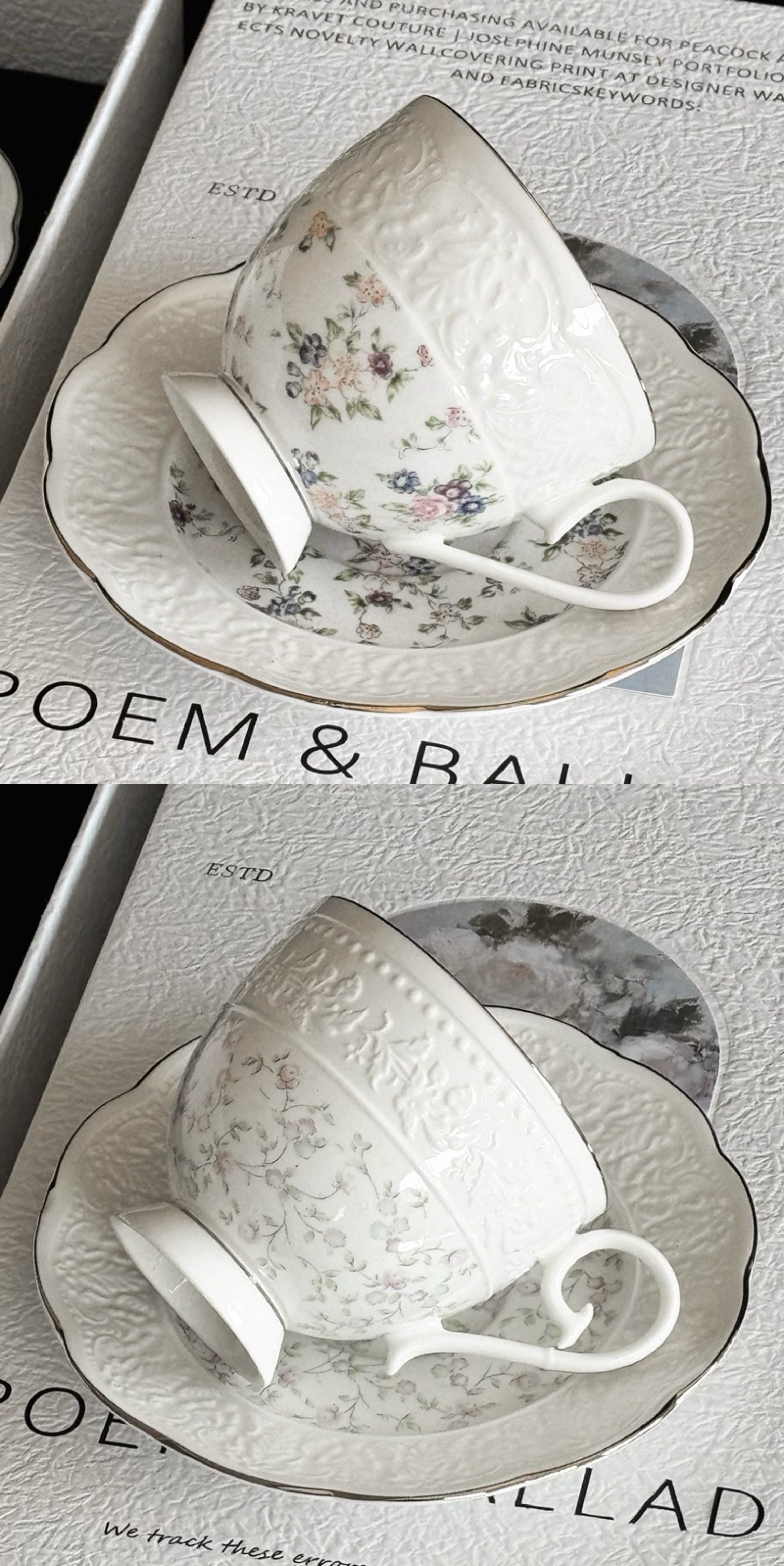 White floral teacup and saucer on a textured surface with text overlay