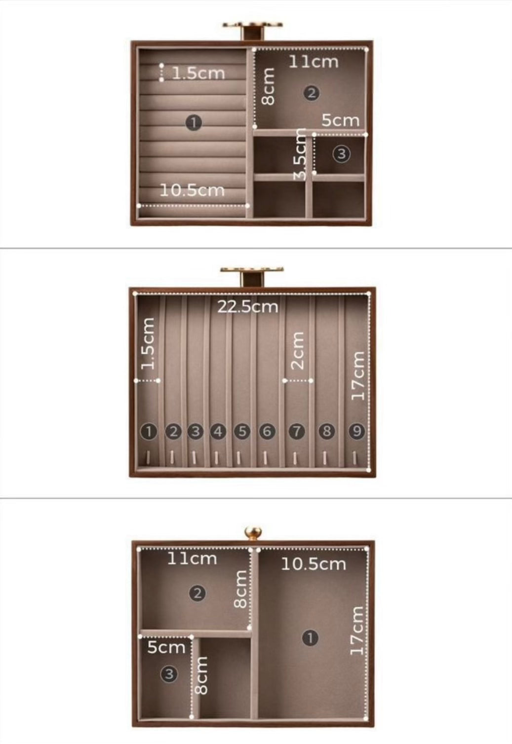Three views of a jewelry box with measurement labels on a white background