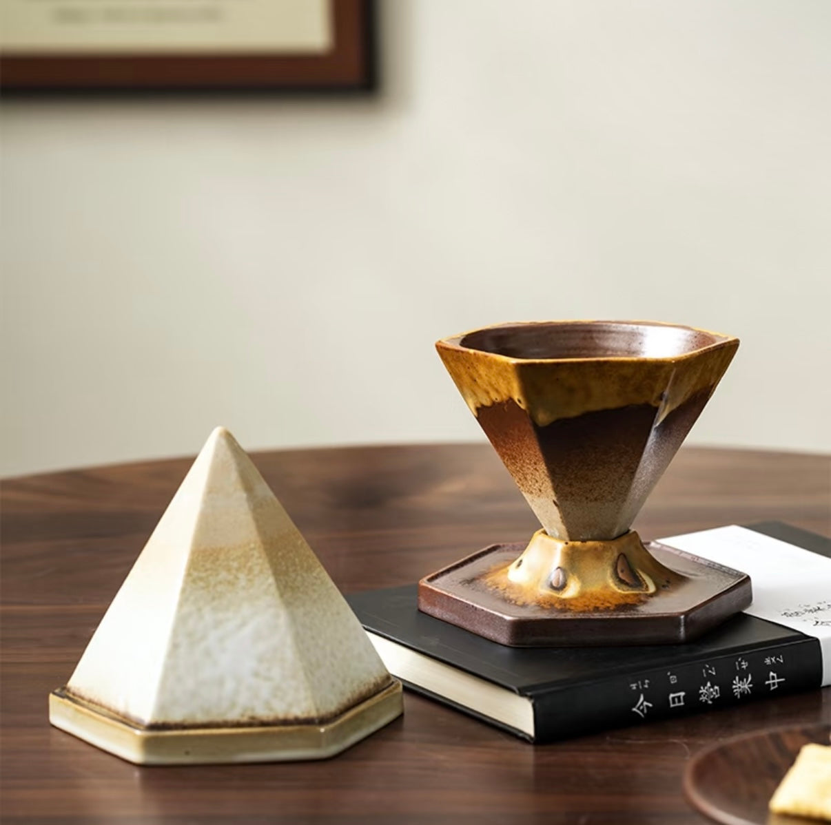 pouring coffee into ceramic hexagonal mug – handcrafted rustic stoneware coffeeware set