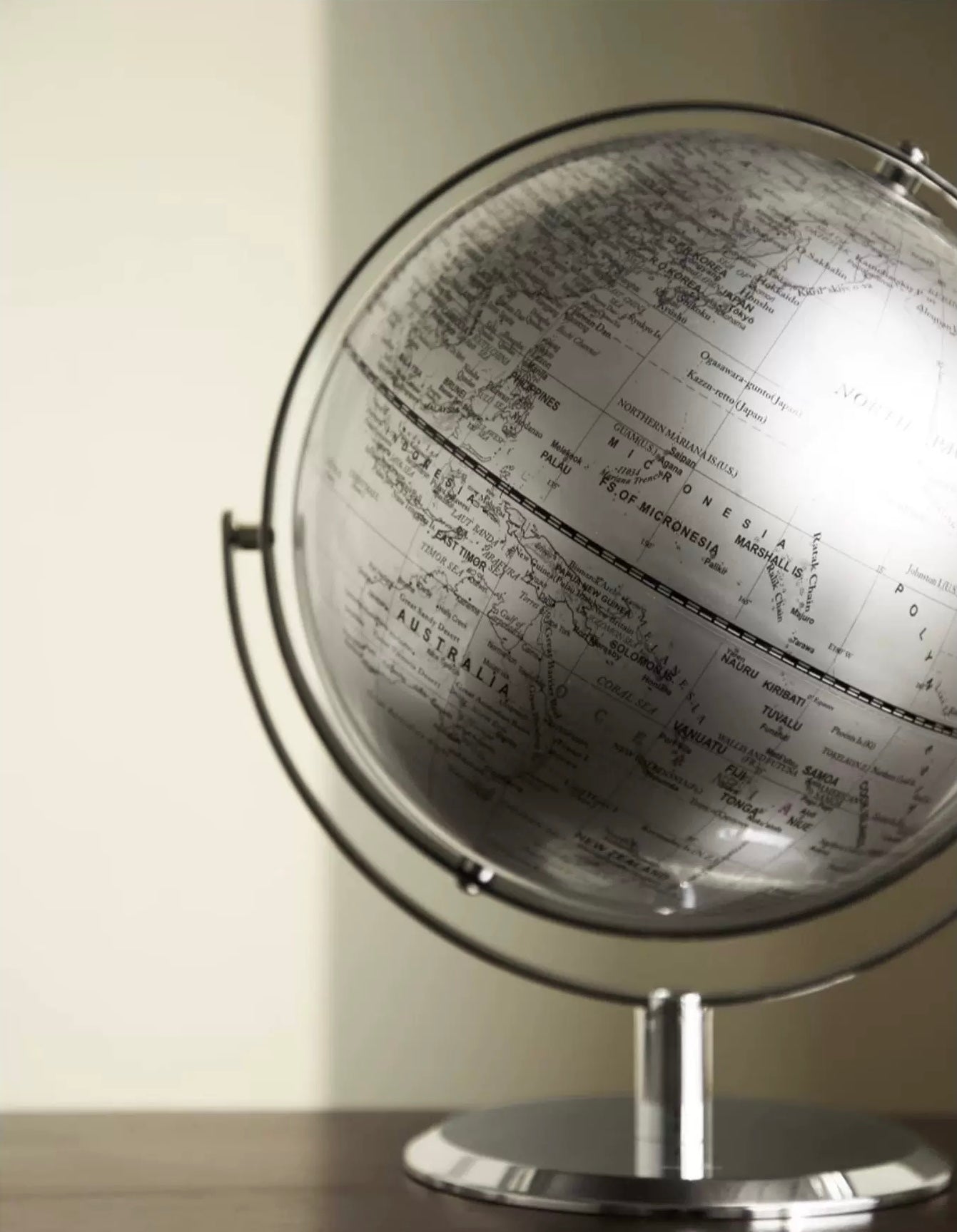 Globe on a stand with a detailed map, against a neutral background