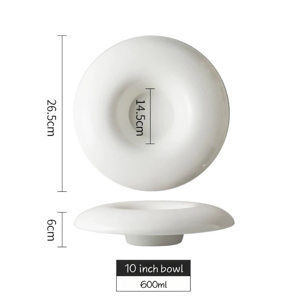 White ceramic bowl with dimensions labeled on a white background