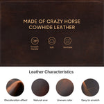 Cowhide leather characteristics with text and icons on a brown leather background