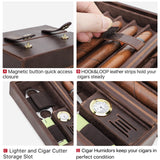 Cigar humidor with features highlighted, including magnetic button, hook & loop strips, lighter storage, and humidifier.