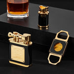 Set of black and gold smoking accessories including a lighter, bottle opener, and glass on a dark surface.