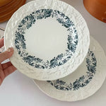 White plates with blue floral patterns held by a hand on a white surface.