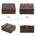 Brown leather jewelry box shown from front, back, side, and top views.