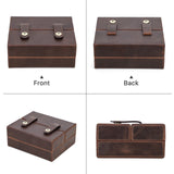 Brown leather jewelry box shown from front, back, side, and top views.