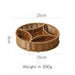 Wicker bread basket with dimensions and weight on a white background