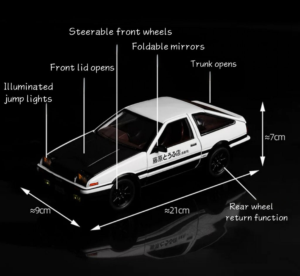 Model car with labeled features on a black background