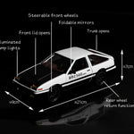 Model car with labeled features on a black background