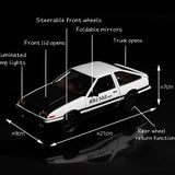 Model car with labeled features on a black background
